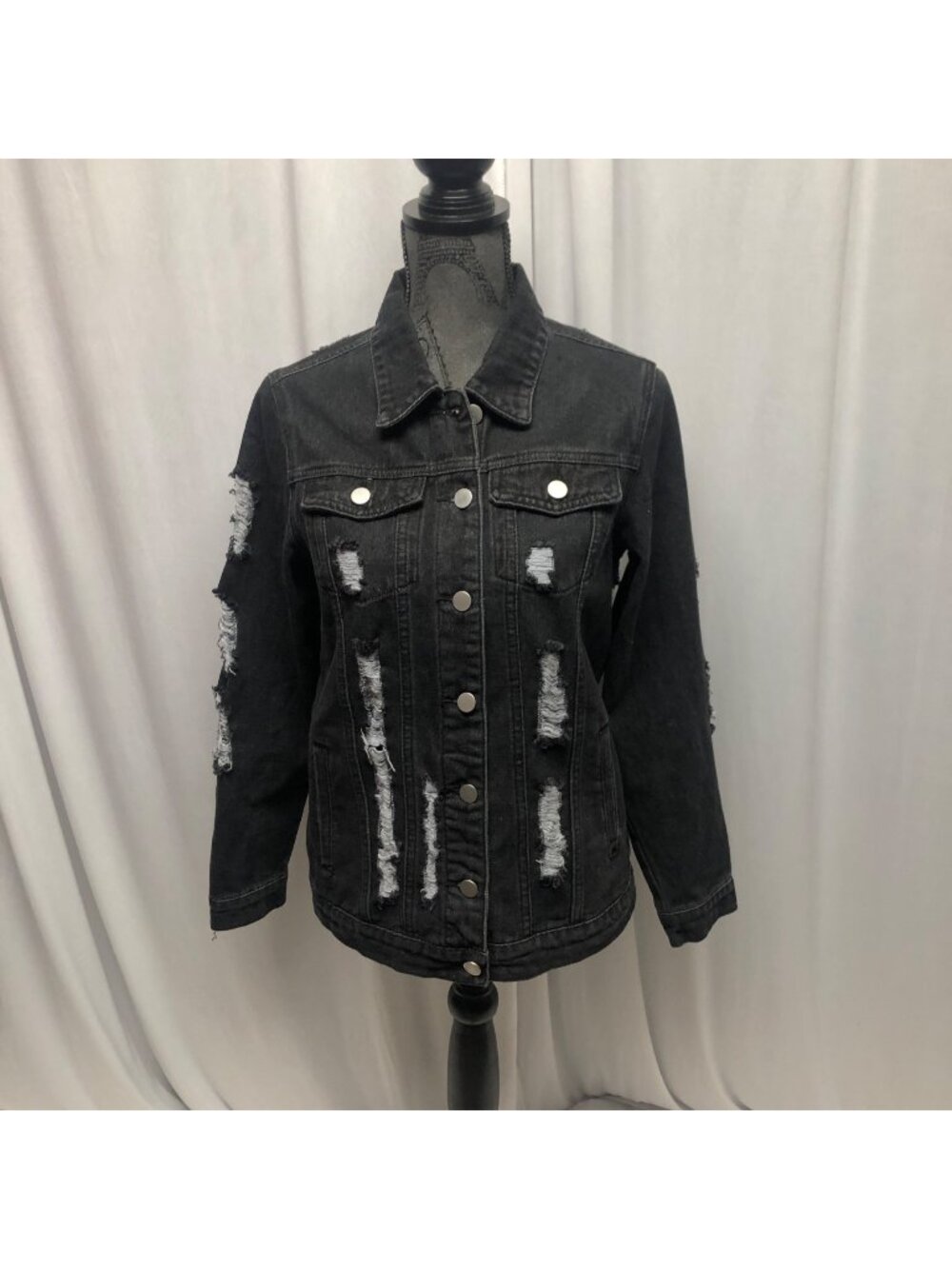 Distressed Black Jean Jacket Womens Size Small Casual Button Up Denim Grunge
